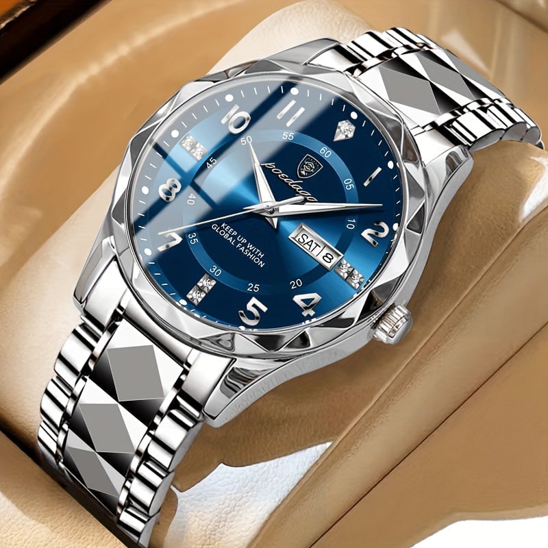 Men's Dress Watch with Analog Day Date Window Faceted Bezel and Sunburst Dial - Image 8