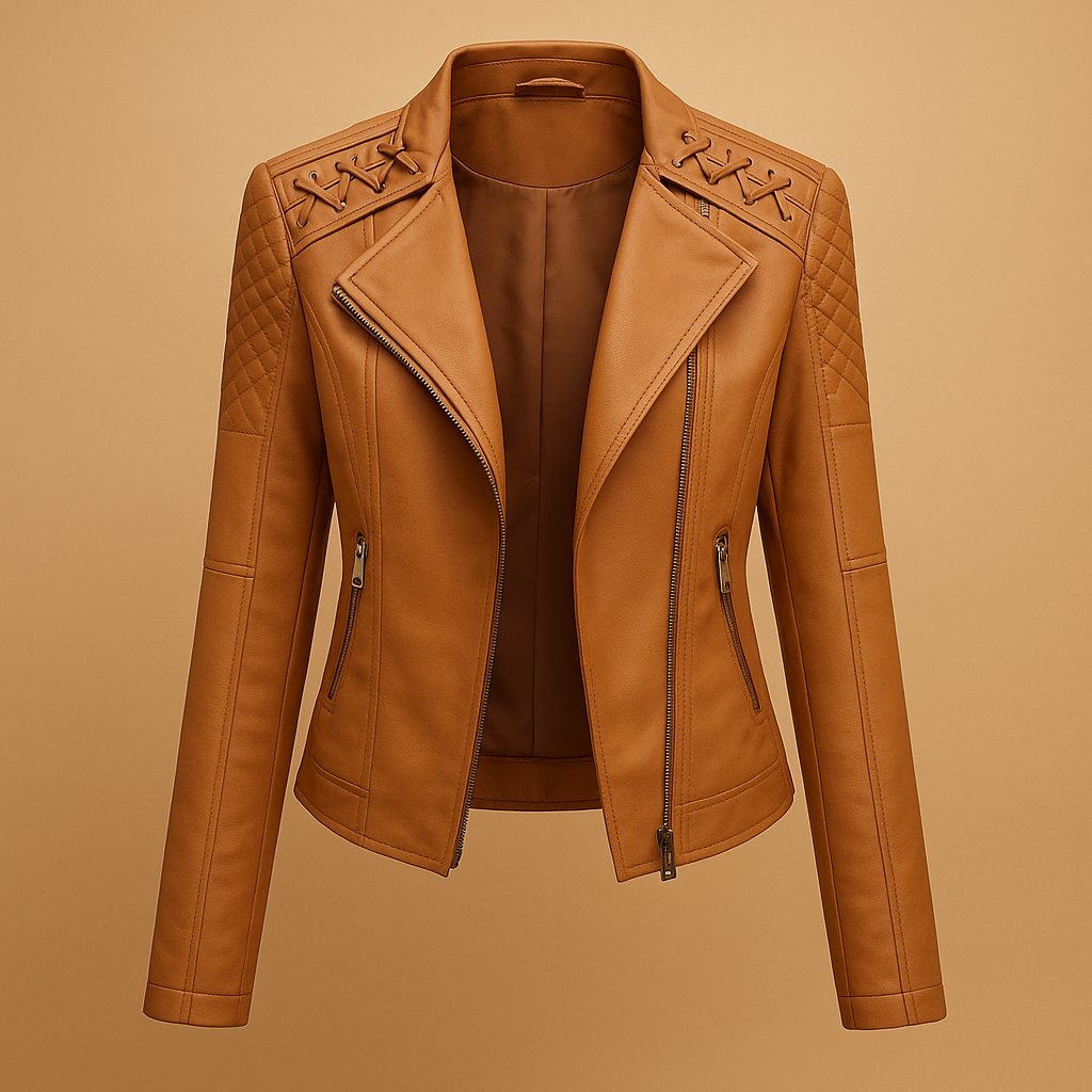 Woman wearing a modern PU jacket for women with a regular fit, stand up collar, and silver zipper accents, styled for spring and autumn outfits.