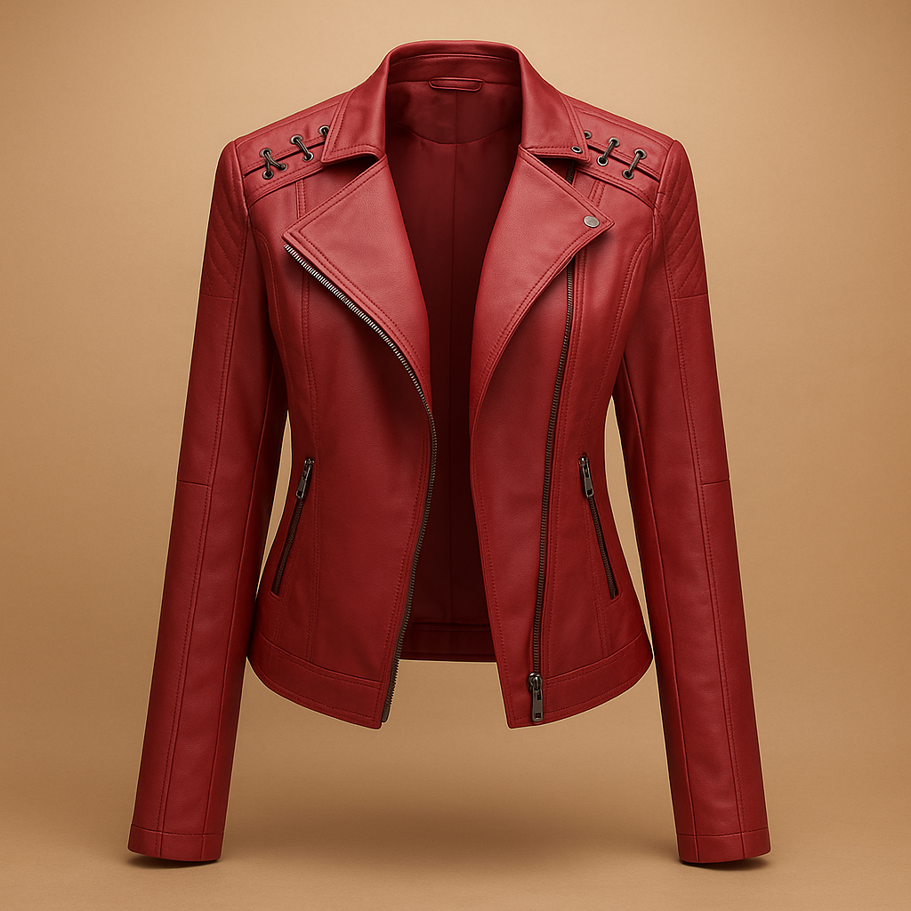 Woman wearing a modern PU jacket for women with a regular fit, stand up collar, and silver zipper accents, styled for spring and autumn outfits.