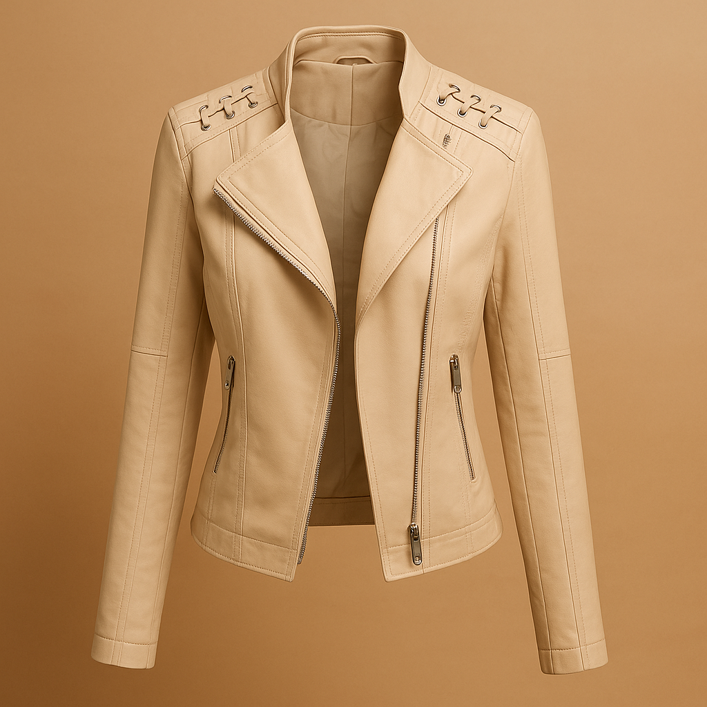 Woman wearing a modern PU jacket for women with a regular fit, stand up collar, and silver zipper accents, styled for spring and autumn outfits.