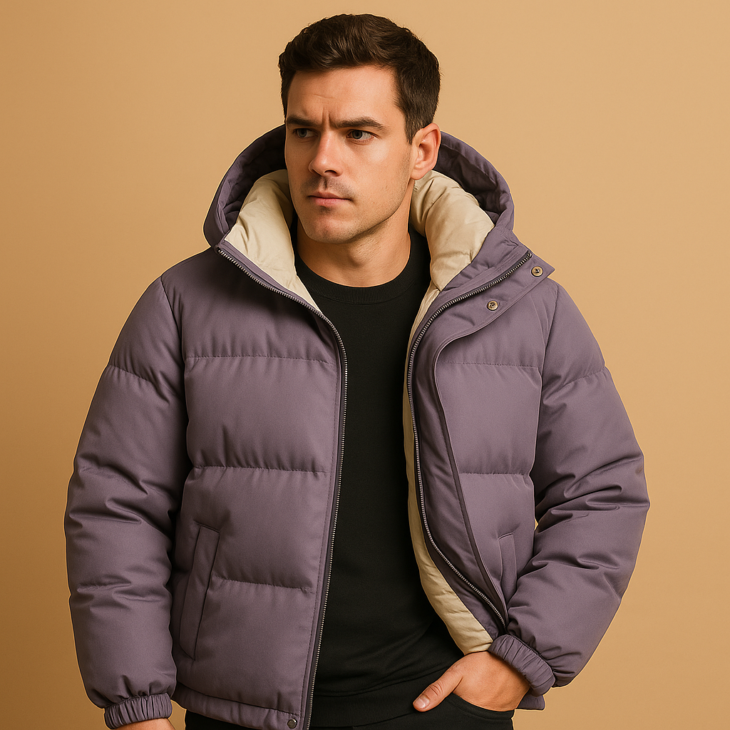 Men’s modern puffer jacket with quilted insulation and hood, suitable for daily wear, travel, and winter outdoor activities.