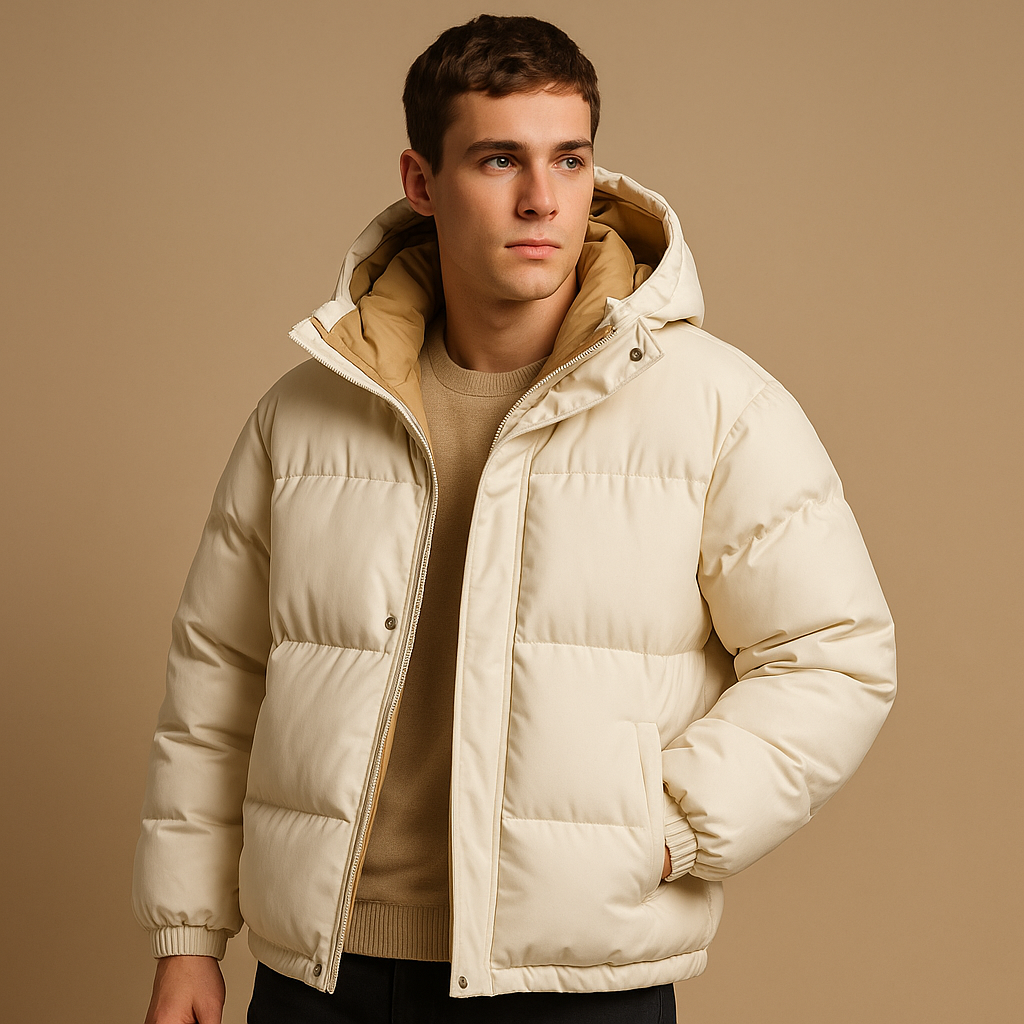 Men’s modern puffer jacket with quilted insulation and hood, suitable for daily wear, travel, and winter outdoor activities.
