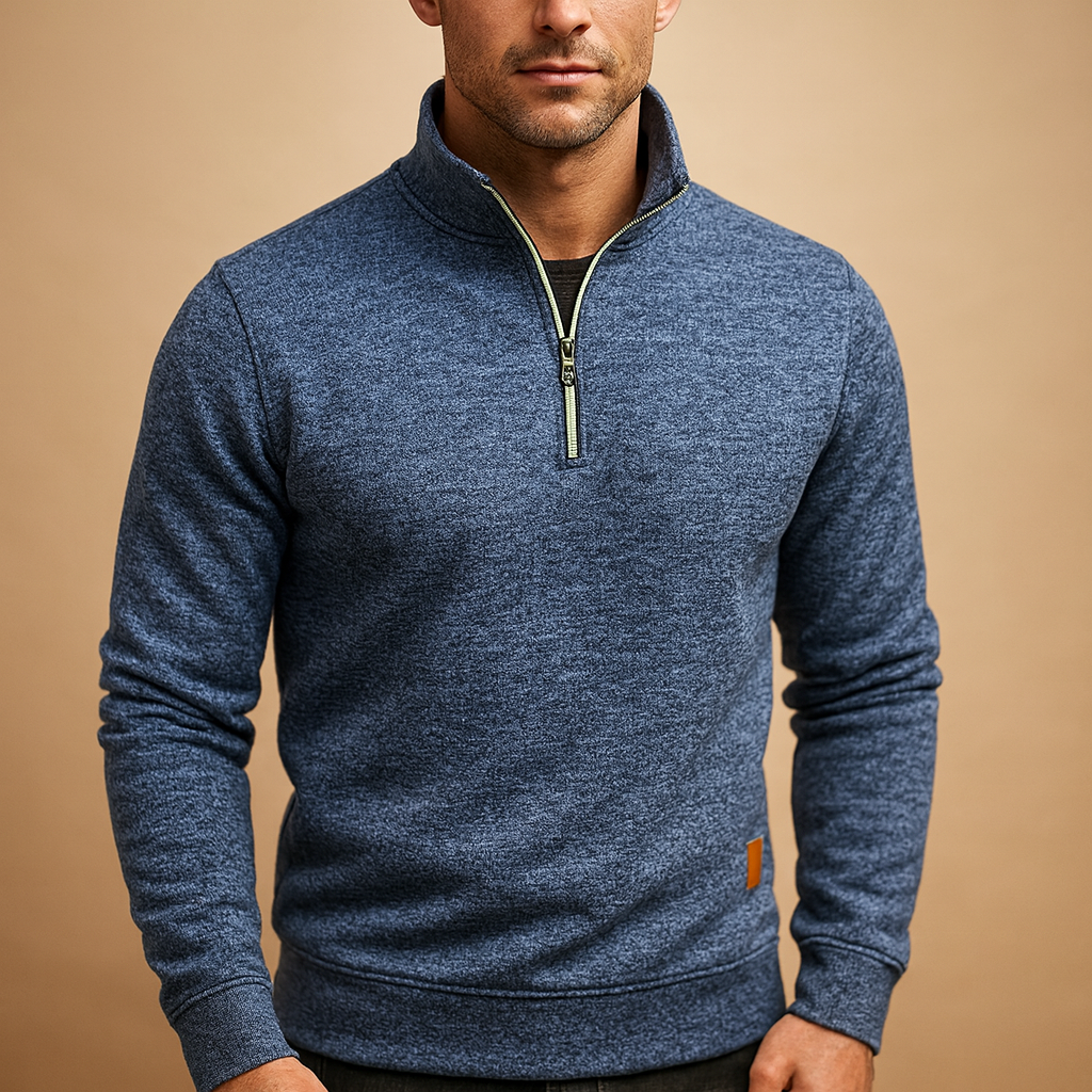 Men’s modern zip sweater with soft fabric and versatile design, suitable for casual and semi-formal outfits across multiple seasons.