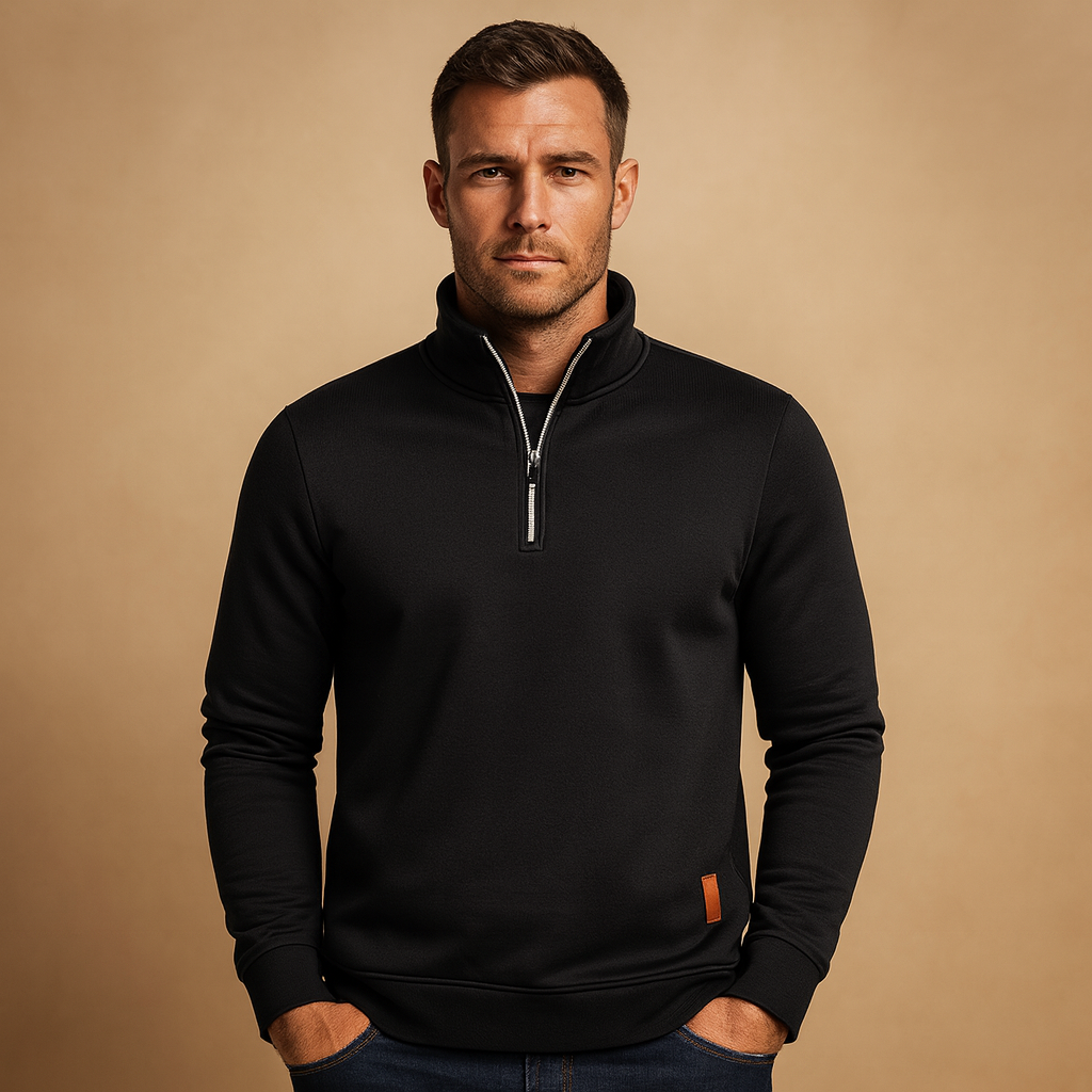 Men’s modern zip sweater with soft fabric and versatile design, suitable for casual and semi-formal outfits across multiple seasons.
