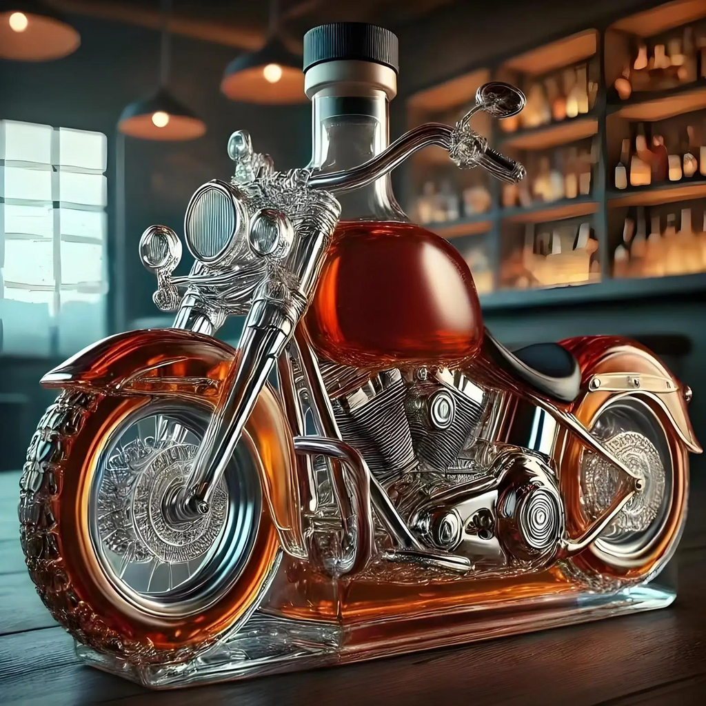 Motorcycle Shaped Glass Whiskey Decanter with Detailed Molding and Spoked Wheels - Image 1