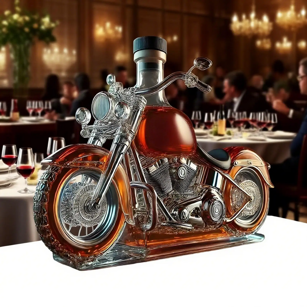 Motorcycle Shaped Glass Whiskey Decanter with Detailed Molding and Spoked Wheels - Image 2
