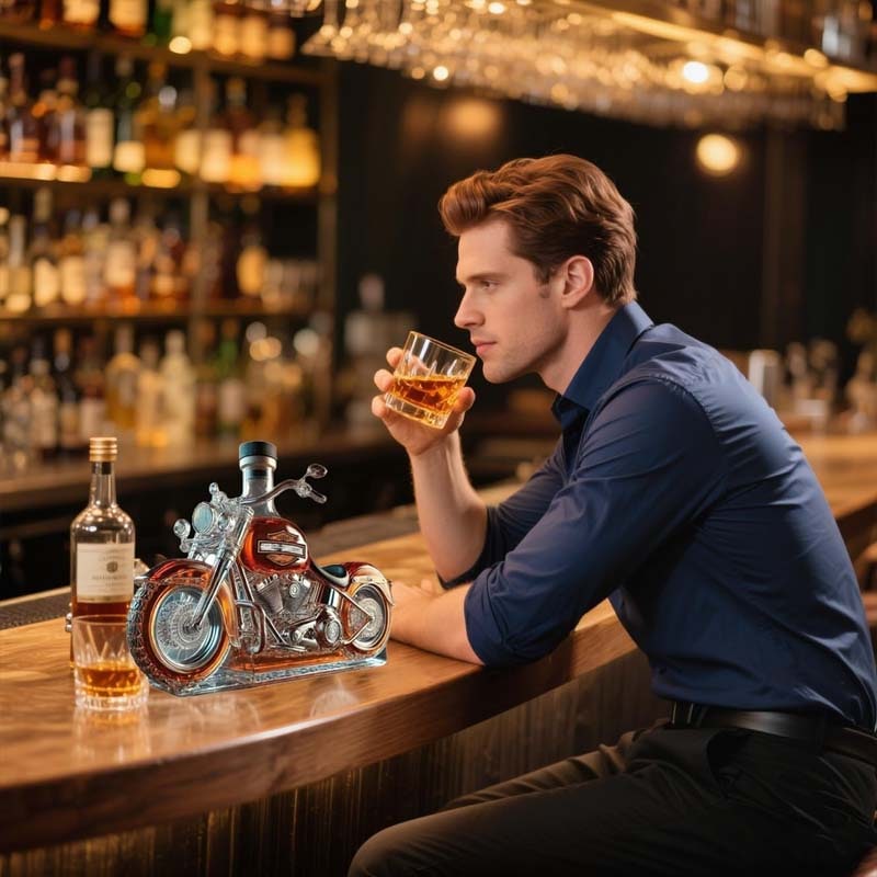 Motorcycle Shaped Glass Whiskey Decanter with Detailed Molding and Spoked Wheels - Image 3