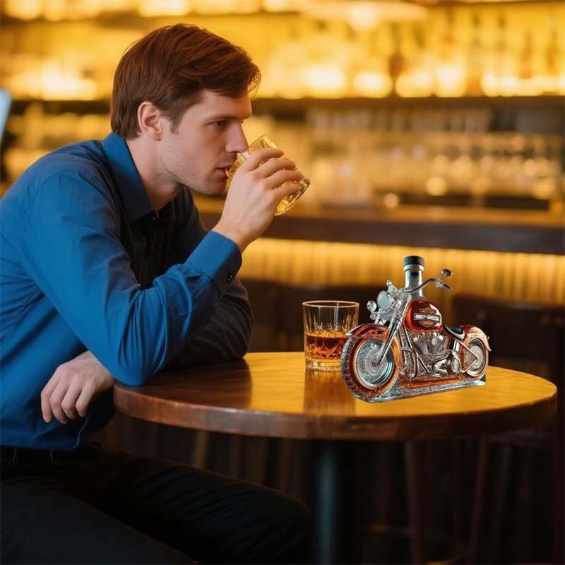 Motorcycle Shaped Glass Whiskey Decanter with Detailed Molding and Spoked Wheels - Image 4