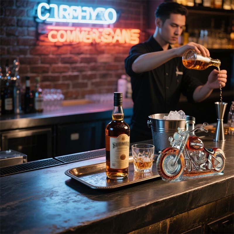 Motorcycle Shaped Glass Whiskey Decanter with Detailed Molding and Spoked Wheels - Image 5