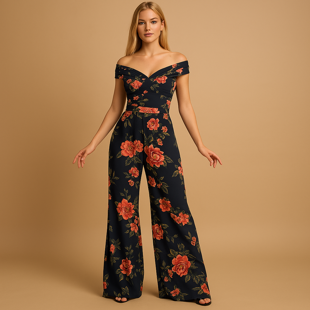 Woman wearing an off-shoulder floral jumpsuit with a tailored silhouette and blue-red print, ideal for weddings, ceremonies, and summer events.