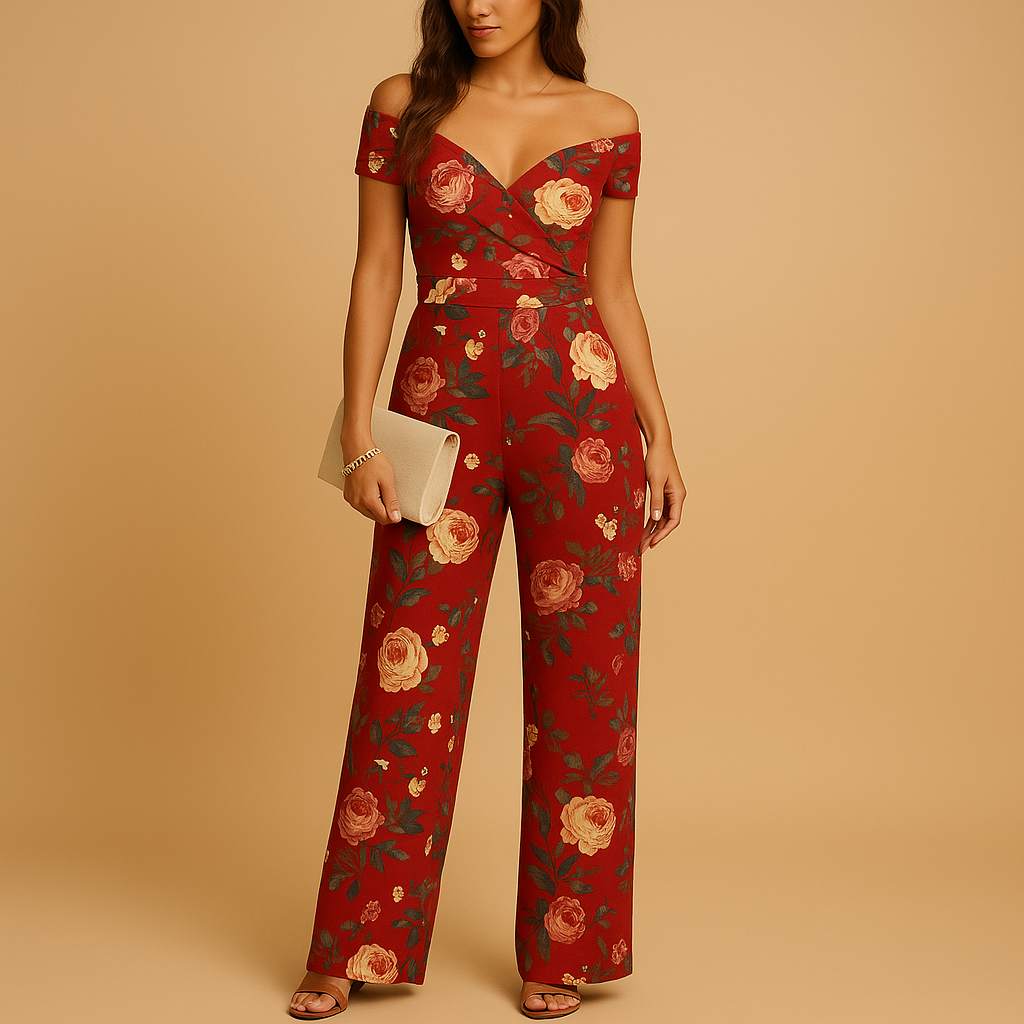 Woman wearing an off-shoulder floral jumpsuit with a tailored silhouette and blue-red print, ideal for weddings, ceremonies, and summer events.