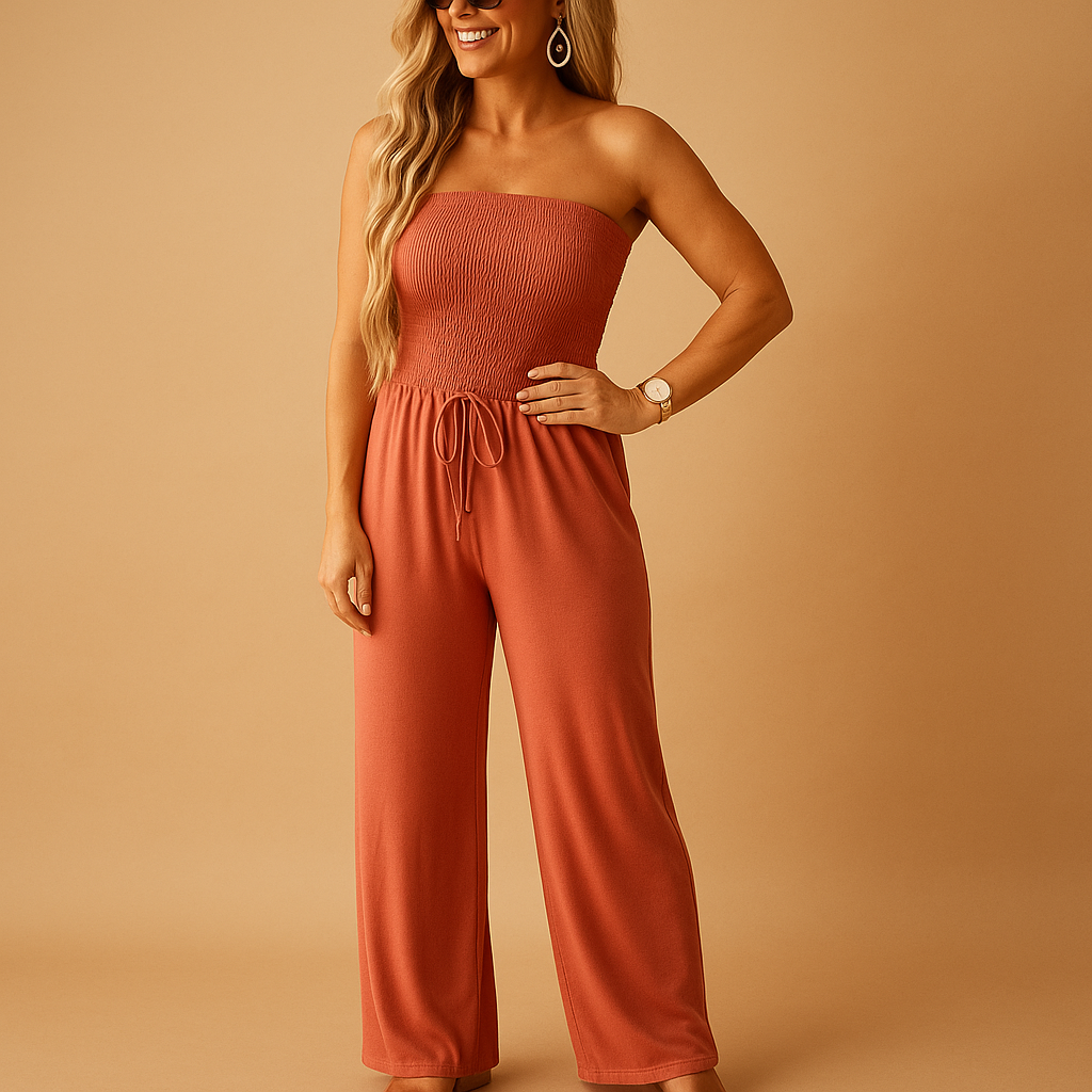 Woman wearing an orange off-shoulder summer jumpsuit with a light, comfortable fit, perfect for casual outings and warm summer days.