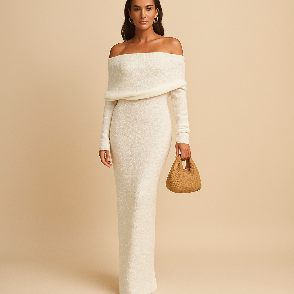 Women’s off shoulder summer dress in khaki, black or white, perfect for garden parties, holidays, and elegant summer occasions.