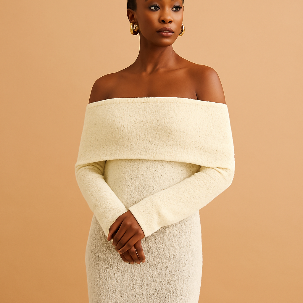 Women’s off shoulder summer dress in khaki, black or white, perfect for garden parties, holidays, and elegant summer occasions.