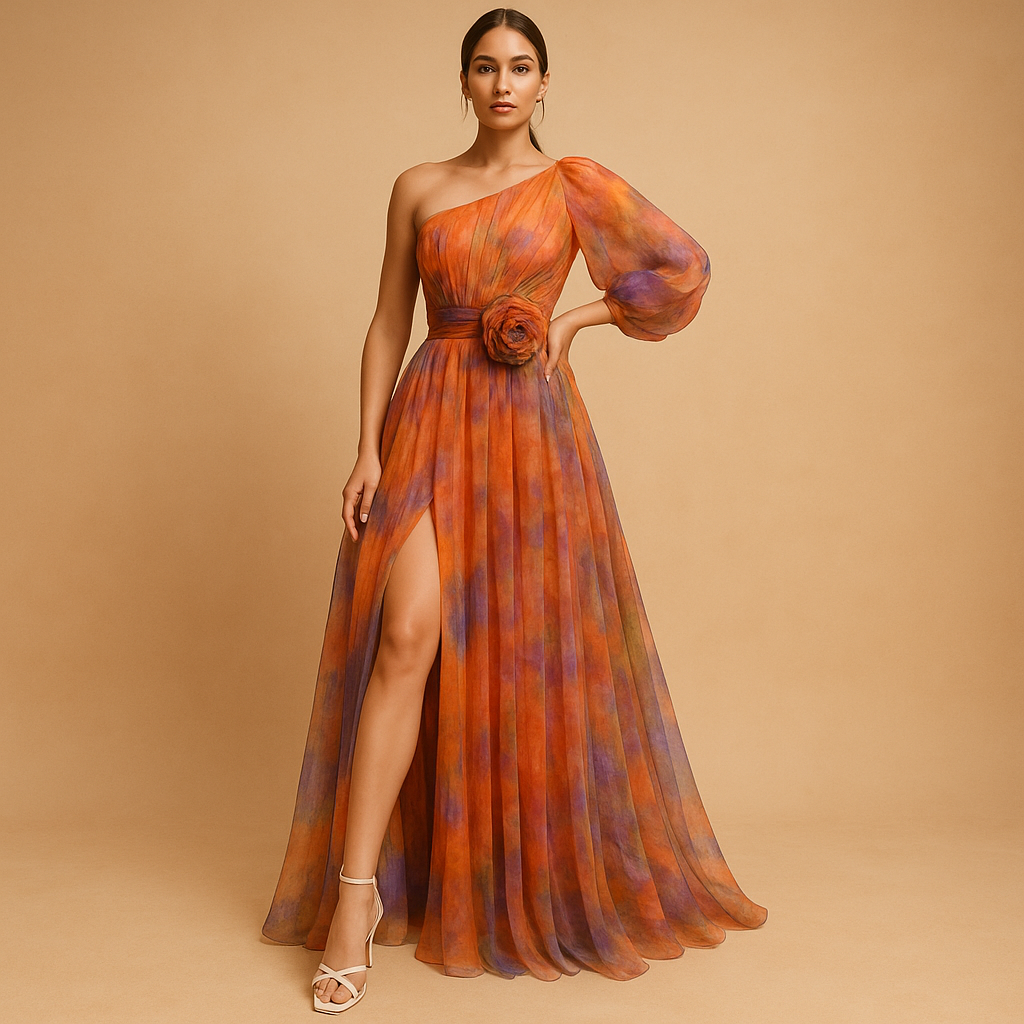 One shoulder beach maxi dress for women with asymmetrical design and side split, ideal for summer vacations and romantic beach dinners.