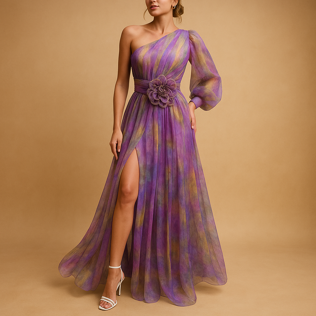 One shoulder beach maxi dress for women with asymmetrical design and side split, ideal for summer vacations and romantic beach dinners.