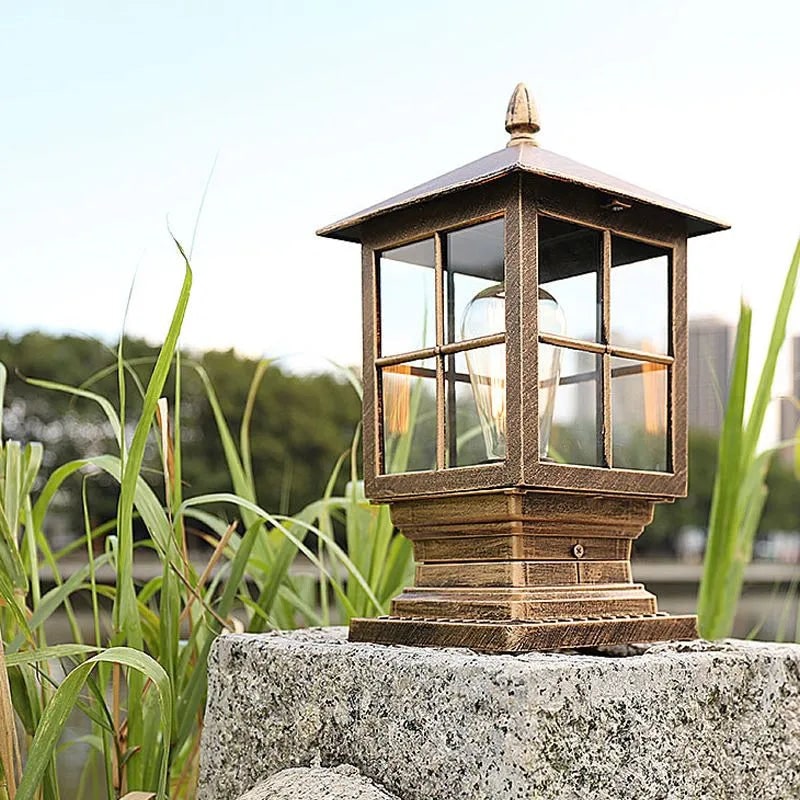 Outdoor Post Light Fixtures with Lantern Design and Metal Glass Construction - Image 1
