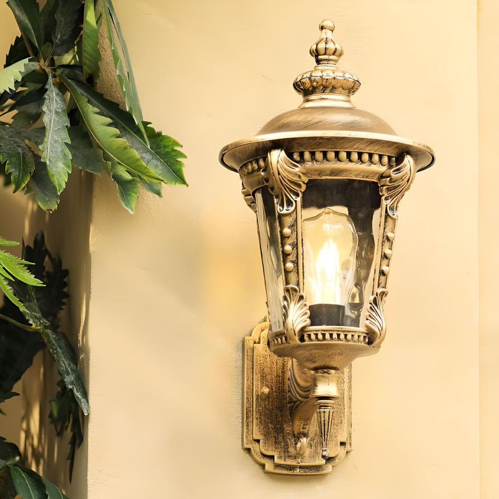 Outdoor Wall Sconce with Antique Brass Finish and Decorative Glass Shade - Image 2