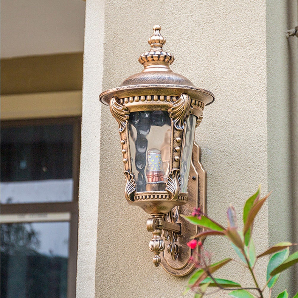 Outdoor Wall Sconce with Antique Brass Finish and Decorative Glass Shade - Image 4