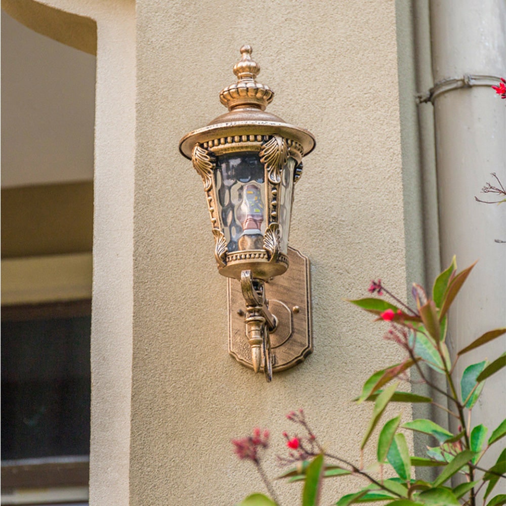 Outdoor Wall Sconce with Antique Brass Finish and Decorative Glass Shade - Image 5