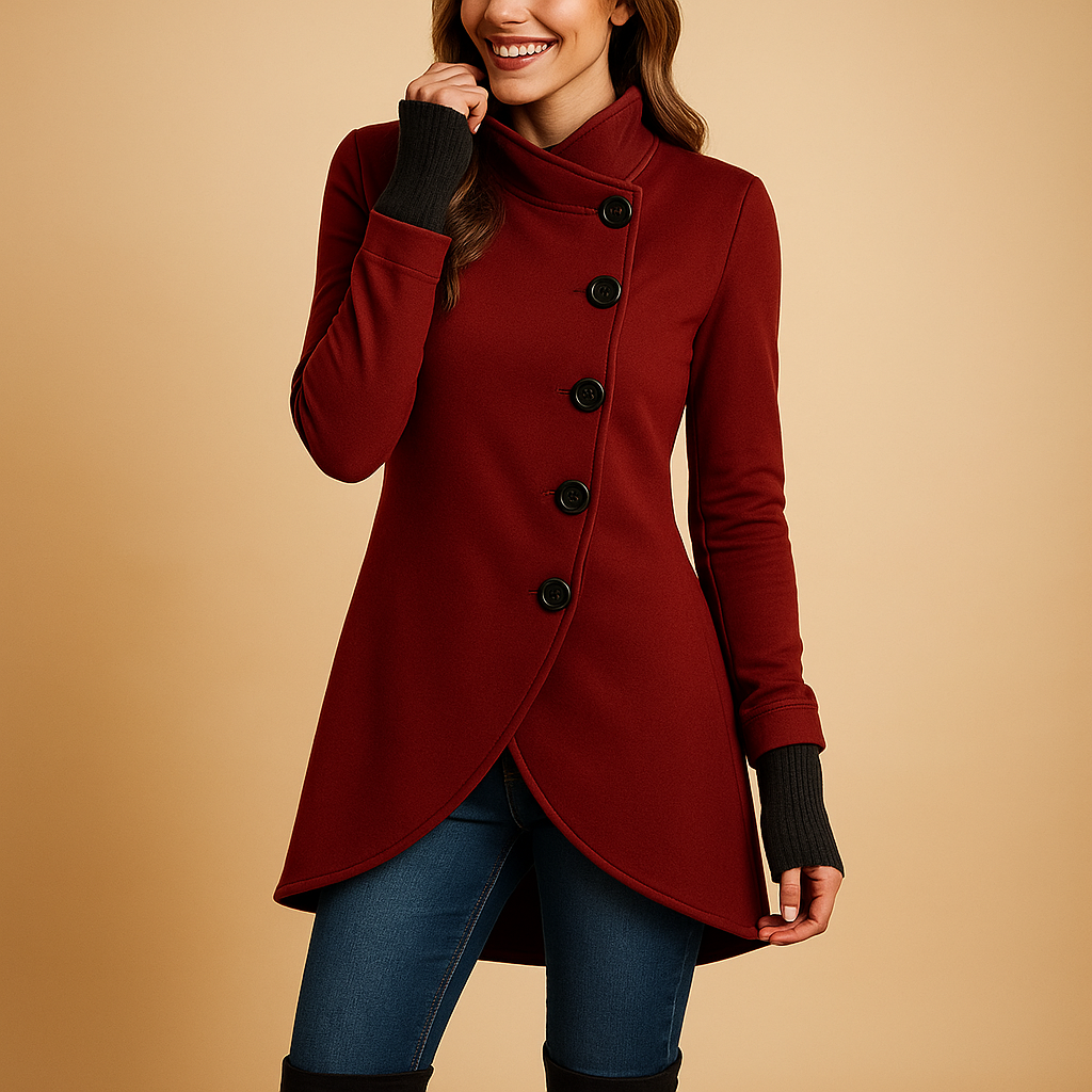 Woman wearing an oversized asymmetrical coat with a diagonal button closure, perfect for layering over winter outfits.