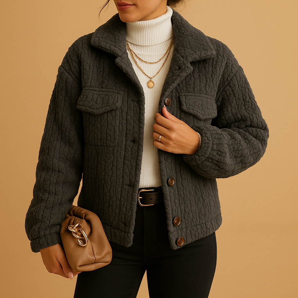 Women’s oversized boxy coat with pearl buttons and seamless flap pockets, ideal for modern layering and stylish transitional outfits.