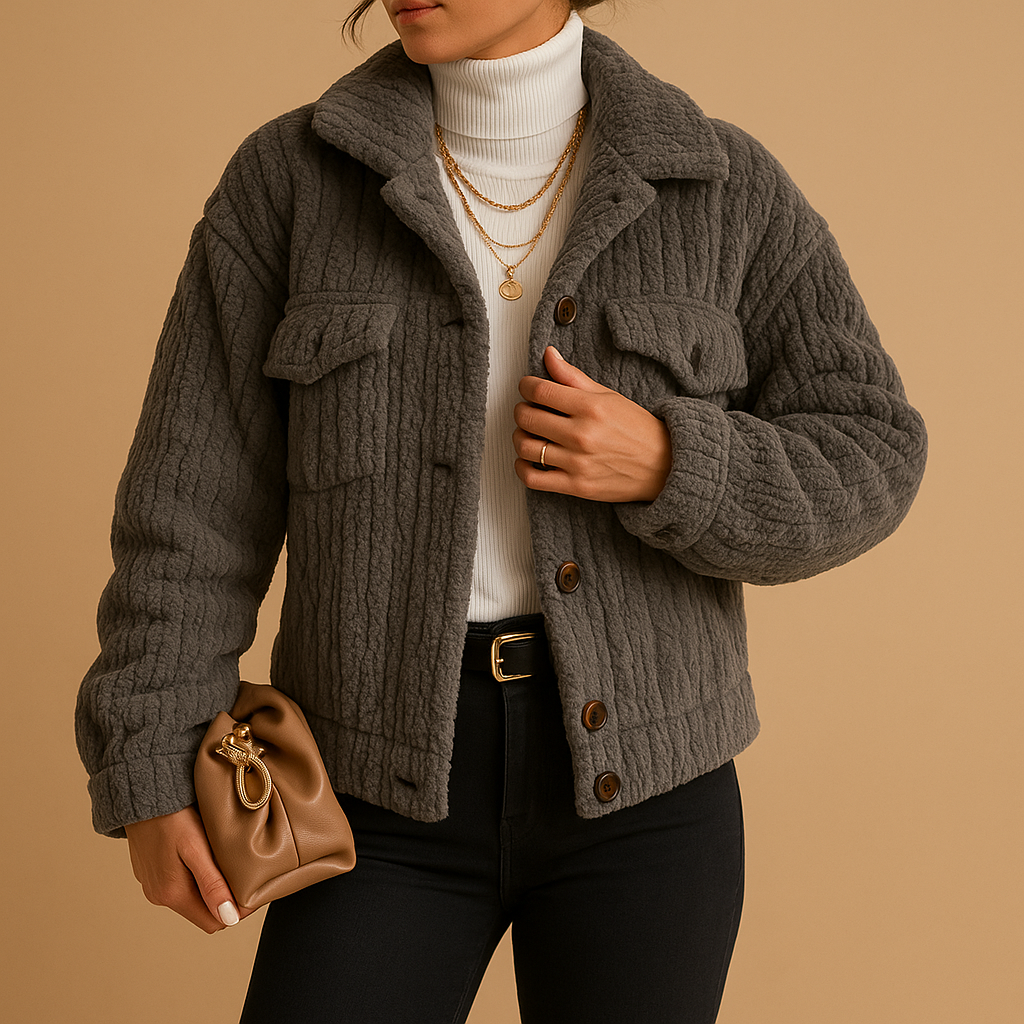 Women’s oversized boxy coat with pearl buttons and seamless flap pockets, ideal for modern layering and stylish transitional outfits.
