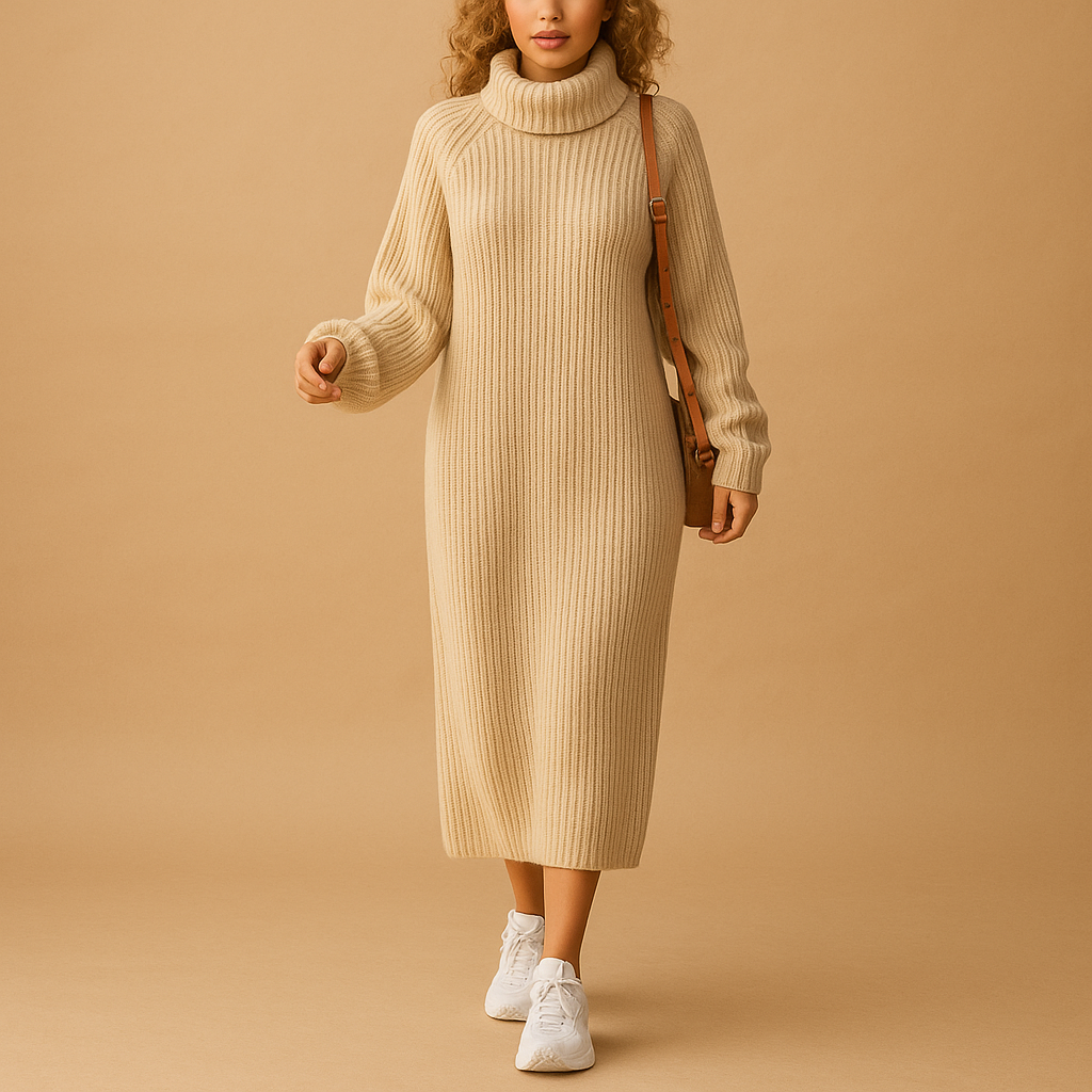 Oversized knit sweater dress for women with long sleeves and soft fabric, ideal for autumn walks and cozy winter outfits.