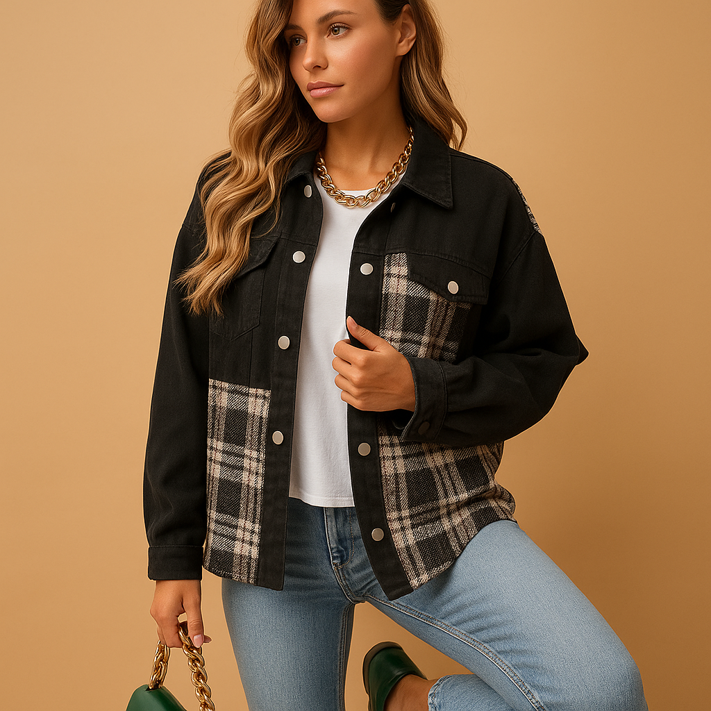 Woman wearing an oversized soft jacket with relaxed fit, breathable material and side pockets, ideal for daily casual or dressed-up outfits.