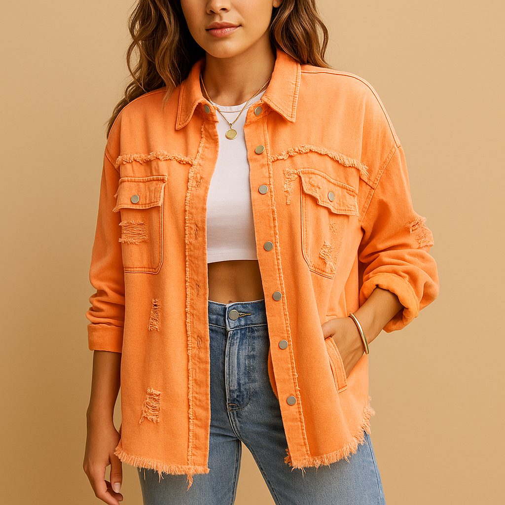 Women’s oversized vintage denim jacket with distressed details and relaxed fit, ideal for casual outfits and trendy layered looks.