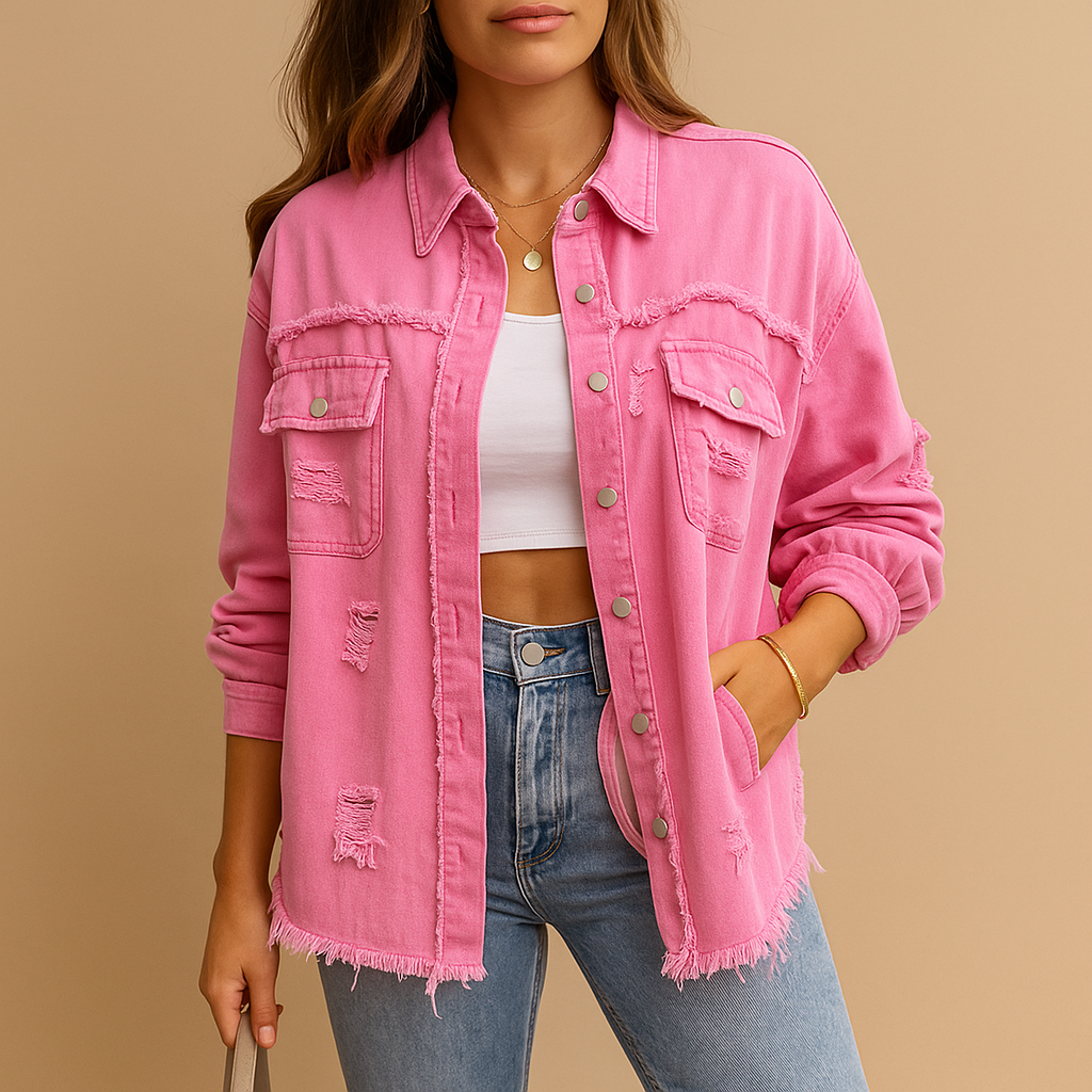 Women’s oversized vintage denim jacket with distressed details and relaxed fit, ideal for casual outfits and trendy layered looks.