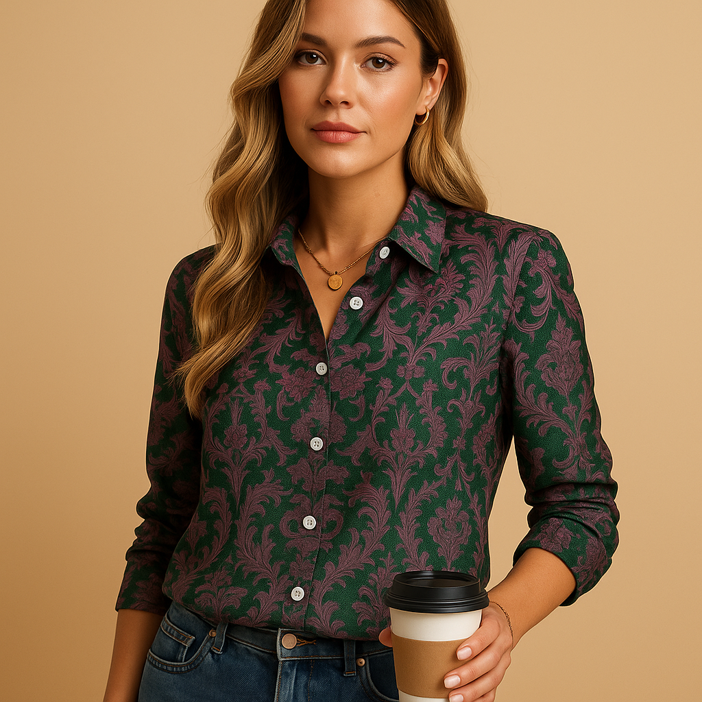 Women’s blouse with bold patterned design and elegant detailing, offering a flattering and stylish fit for daily or festive occasions.