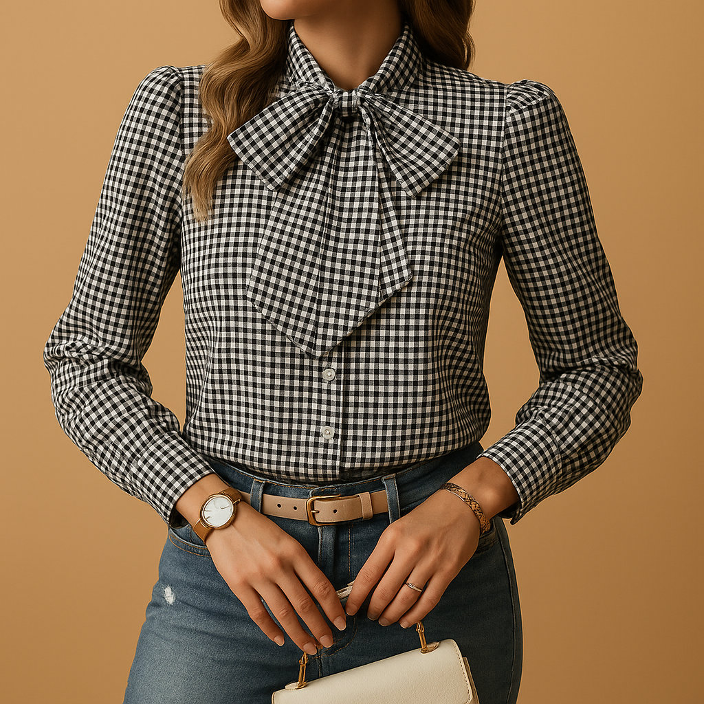 Women’s plaid blouse with a chic bow detail, breathable material and elegant design suitable for work, brunch and everyday outfits.