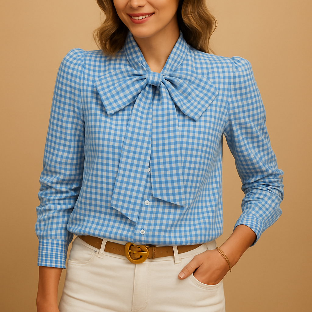 Women’s plaid blouse with a chic bow detail, breathable material and elegant design suitable for work, brunch and everyday outfits.