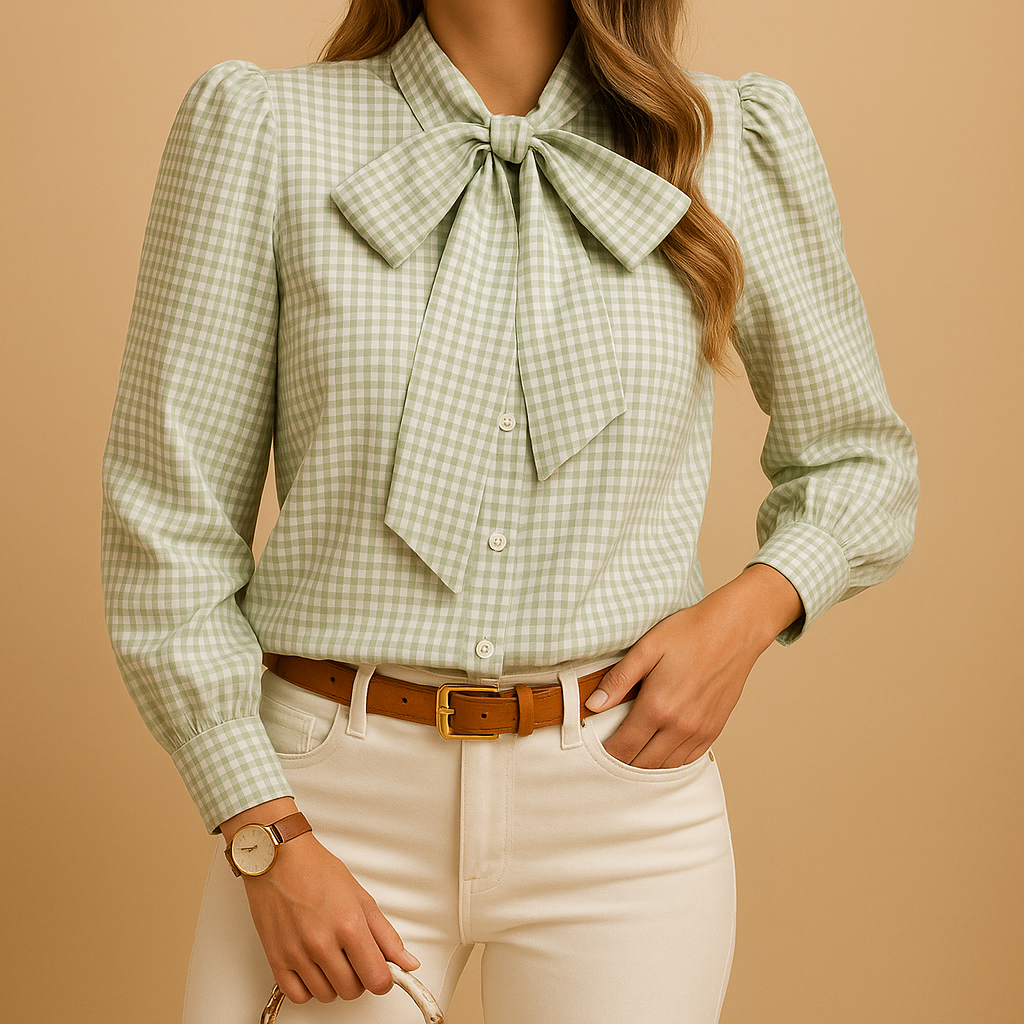 Women’s plaid blouse with a chic bow detail, breathable material and elegant design suitable for work, brunch and everyday outfits.