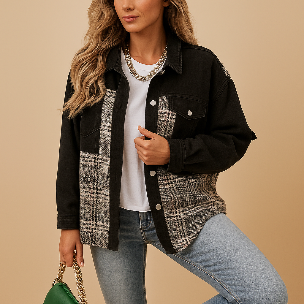 Women’s plaid denim-look jacket with relaxed fit, long sleeves, and soft fabric, perfect for casual layering or semi-formal outfits.