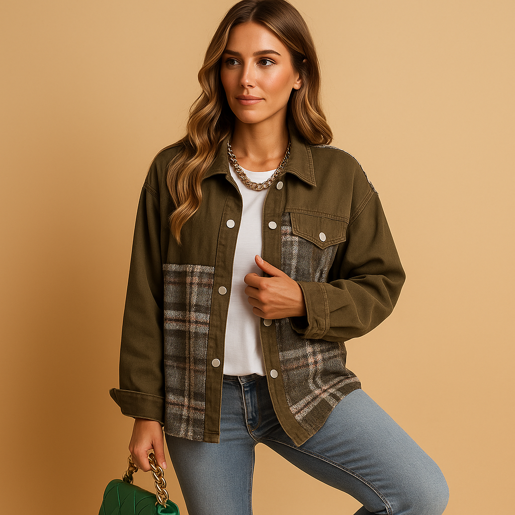Women’s plaid denim-look jacket with relaxed fit, long sleeves, and soft fabric, perfect for casual layering or semi-formal outfits.