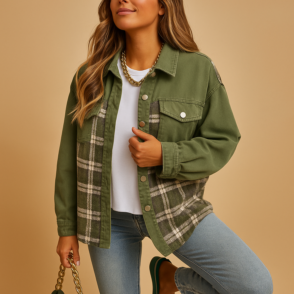 Women’s plaid denim-look jacket with relaxed fit, long sleeves, and soft fabric, perfect for casual layering or semi-formal outfits.