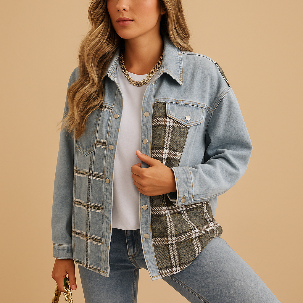 Women’s plaid denim-look jacket with relaxed fit, long sleeves, and soft fabric, perfect for casual layering or semi-formal outfits.