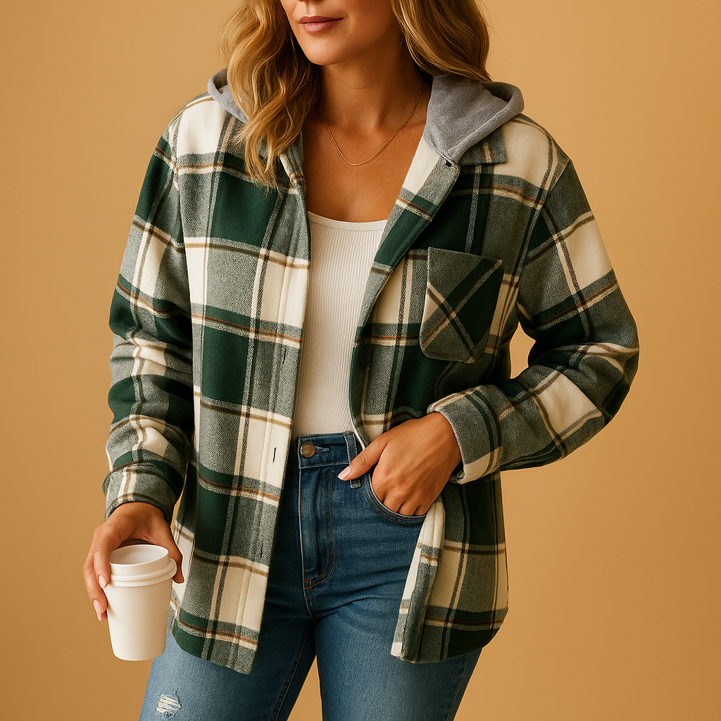 Woman wearing a green plaid hooded coat with a warm, comfortable fit, ideal for autumn and winter outfits.