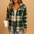 Woman wearing a green plaid hooded coat with a warm, comfortable fit, ideal for autumn and winter outfits.