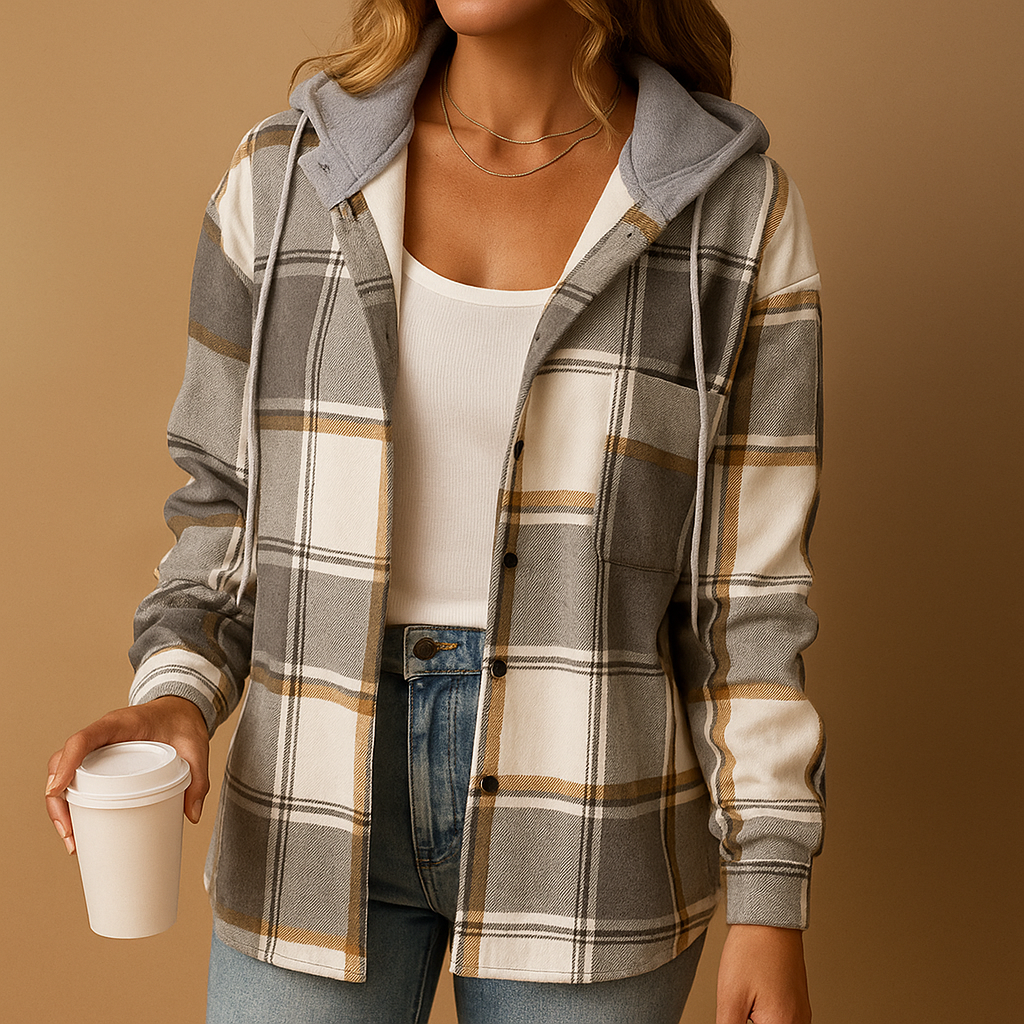 Women’s plaid hooded jacket with relaxed fit and breathable fabric, ideal for layering and casual everyday wear.