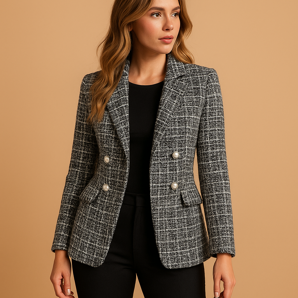 Women’s plaid tailored blazer with a fitted silhouette and timeless check pattern, perfect for work and chic casual looks.