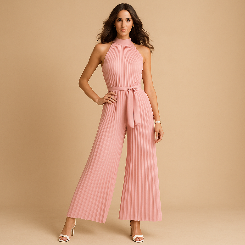 Woman wearing a pleated high-neck jumpsuit with wide legs and a waist belt, ideal for formal occasions and stylish daytime outings.