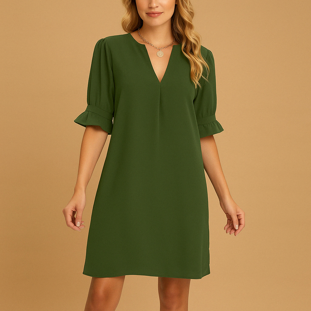 Pleated midi dress with half sleeves for women in breathable fabric, suitable for work, daily wear, and semi formal occasions.