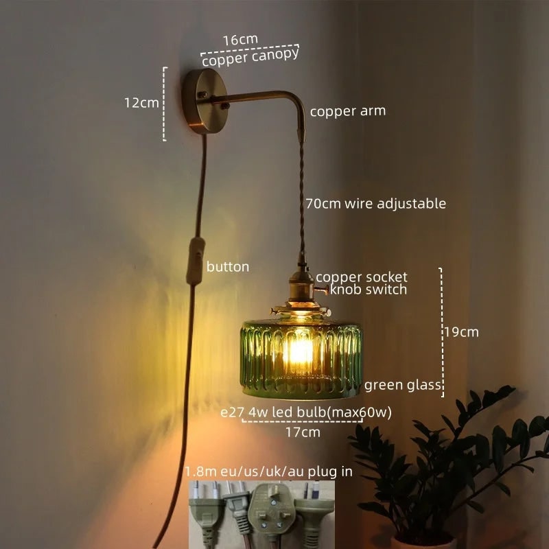Plug in Wall Sconce with Brass Arm and Green Textured Glass Shade - Image 2