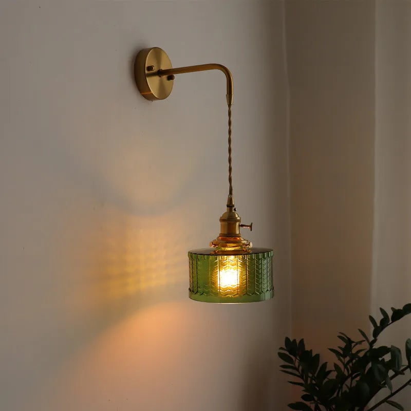 Plug in Wall Sconce with Brass Arm and Green Textured Glass Shade - Image 3