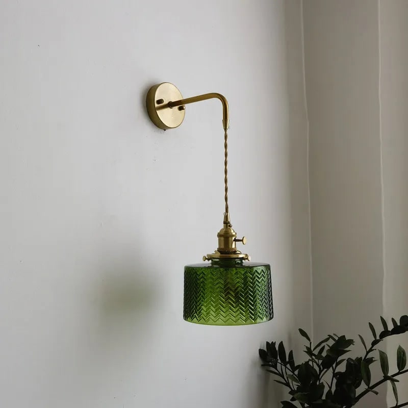 Plug in Wall Sconce with Brass Arm and Green Textured Glass Shade - Image 4