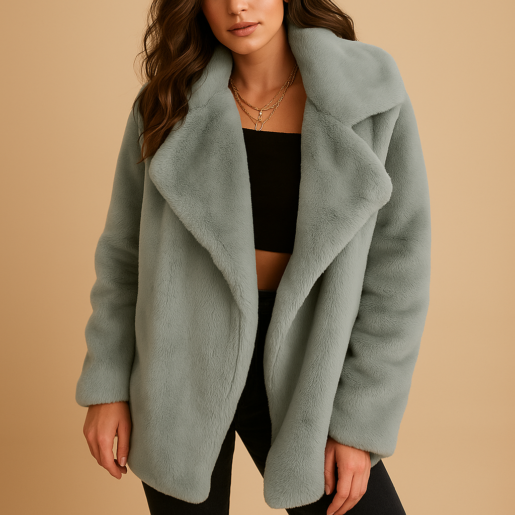 Women’s plush winter coat with medium length, lapel collar, and soft warm fabric in multiple stylish colors.