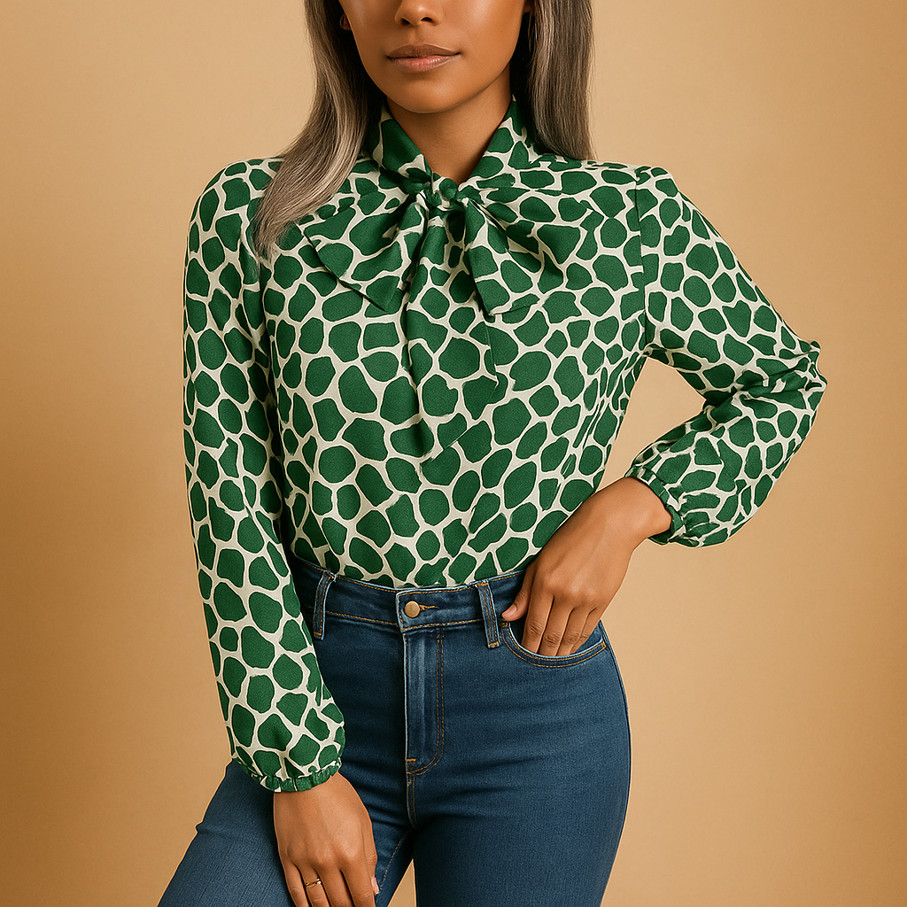 Women’s green polka dot blouse with tie detail and elastic cuffs, perfect for work outfits and stylish everyday wear.
